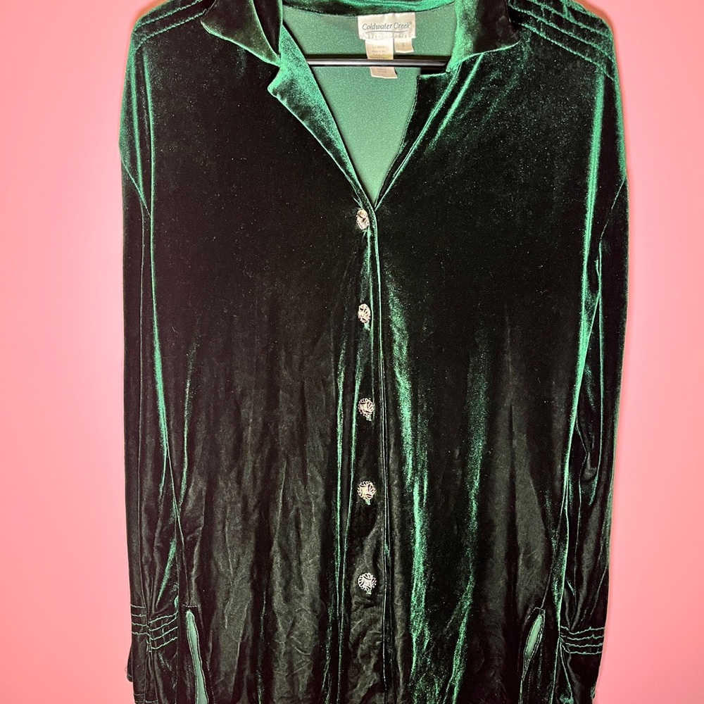 Green Velvet Button-Up Shirt